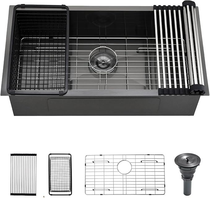 32 Undermount Black Kitchen Sink, Luckyhorse 32" x 17" x 9" 18 Gauge Gunmetal Black Stainless Steel Undermount Single Bowl Kitchen Sink LH024SQ