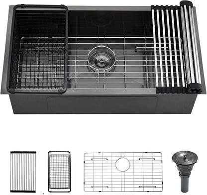 32 Undermount Black Kitchen Sink, Luckyhorse 32" x 17" x 9" 18 Gauge Gunmetal Black Stainless Steel Undermount Single Bowl Kitchen Sink LH024SQ