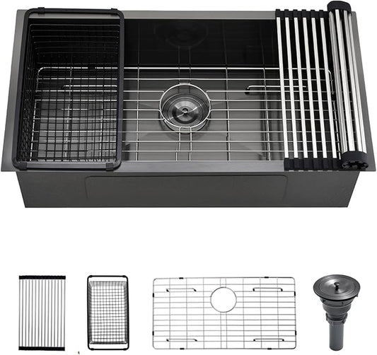 32 Undermount Black Kitchen Sink, Luckyhorse 32" x 17" x 9" 18 Gauge Gunmetal Black Stainless Steel Undermount Single Bowl Kitchen Sink LH024SQ