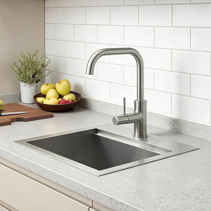 IKEBANA 15x15 Inch Bar Sink Drop in, Brushed Nickel Topmount Small Kitchen Sink, Single Bowl Handmade16 Guage T-304 Stainless Steel Workstation Kitchen Sinks, Outdoor RV Prep Wet Bar Sinks