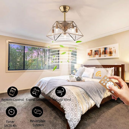 OUKANING Caged Fandelier Ceiling Fan with Light, Golden Ceiling Fans with Remote Control & Noiseless 35db - Farmhouse Rustic Bladeless Ceiling Fans Chandelier Retro Lighting Fixture (Pentagram)