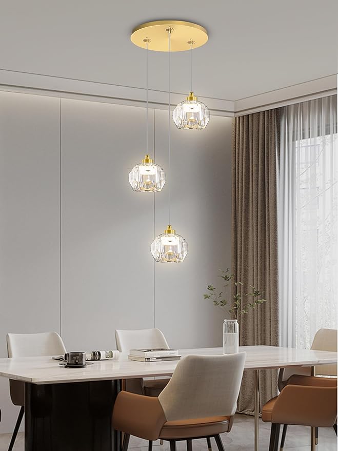 3-Light Dimmable LED Gold Pendant Light,Crystal Ball Chandelier for Dining Room Bedroom Pendant Light Kitchen Island 15W
