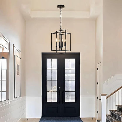 Black Chandelier, 4-Light Modern Farmhouse Foyer Lighting Fixtures, Rustic Geometric Chandeliers for Dining Room, Adjustable Metal Lantern Pendant Light for Stairway Entryway Kitchen Island