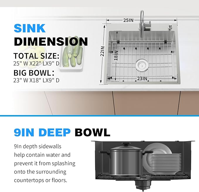 25x22 Inch Stainless Steel Kitchen Sink - Drop In Single Bowl Topmount Kitchen Sink Come With Bottom Grid, Silicon Mat And Drain Assembly Set Stylish and Modern Look Add Elegance & Enhance Usability