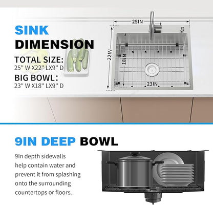 25x22 Inch Stainless Steel Kitchen Sink - Drop In Single Bowl Topmount Kitchen Sink Come With Bottom Grid, Silicon Mat And Drain Assembly Set Stylish and Modern Look Add Elegance & Enhance Usability