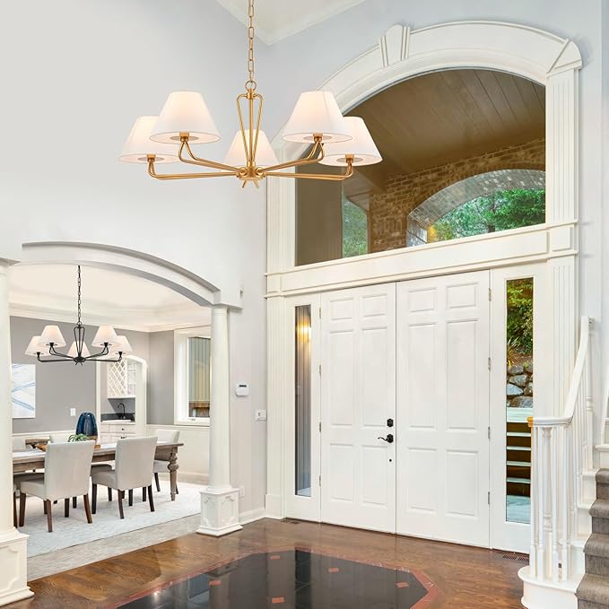VILUXY Modern Gold Chandelier 5-Light Farmhouse Chandelier with White Fabric Shade 35’’ Large Dining Room Light Fixture Adjustable Pendant Lighting for Kitchen Island Living Room, UL Listed