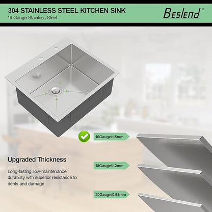 25 Drop In Kitchen Sink -Beslend 25x22 Inch Stainless Steel Kitchen Sinks 16 Guage Single Bowl Handmade Sinks Topmount Bar Sink Basin