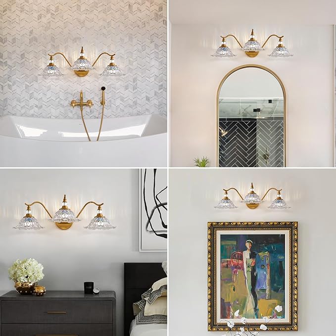 Vintage Bathroom Vanity Light Fixtures - 3 Light Iridescent Flower Glass Antique Brass Bathroom Lights Fixture Over Mirror,Retro Brushed Gold Bronze Wall-Mounted Vanity Lighting for Powder Room