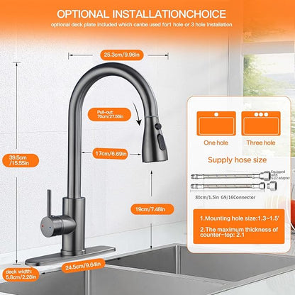 Kitchen Faucet with Pull Down Sprayer，Stainless Steel Single Handle Kitchen Faucet，1/3 Hole, Deck Plate Included，Suitable for farmhouses, Campers, Laundry Rooms, RVs, and Bars (Gun Gray)