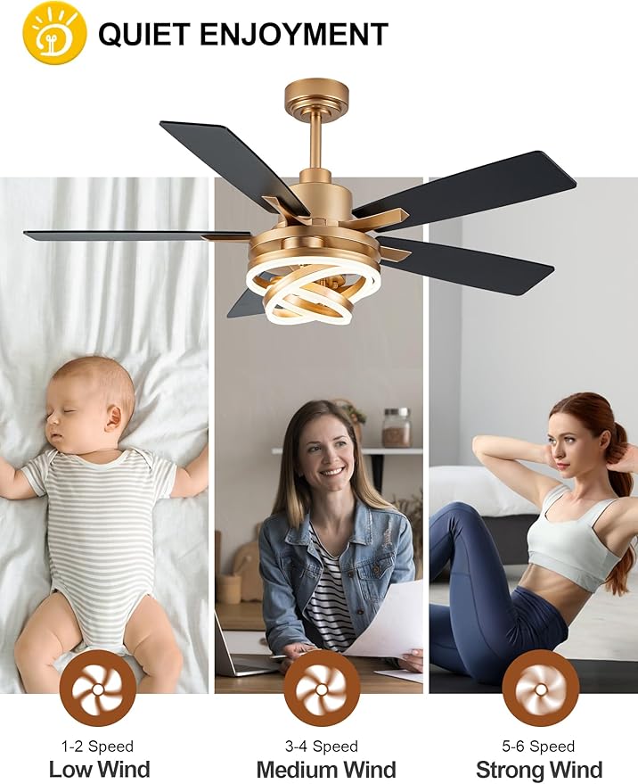 Dawn Whisper 52" Ceiling Fan with Light Gold Chandelier Fan DC Motor Dimmable LED Modern Ceiling Fan with Light for Bedroom Living Room