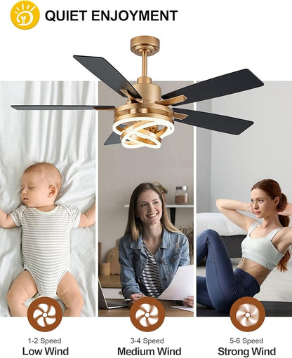 Dawn Whisper 52" Ceiling Fan with Light Gold Chandelier Fan DC Motor Dimmable LED Modern Ceiling Fan with Light for Bedroom Living Room
