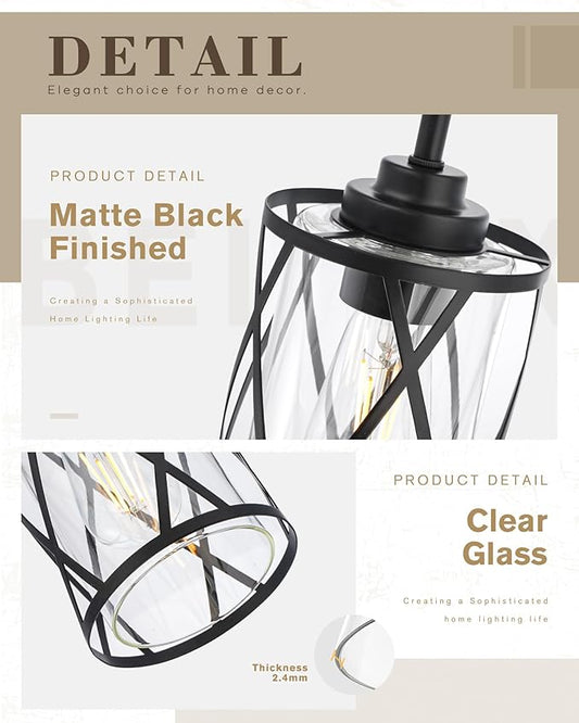 Beionxii Glass Pendant Lights Kitchen Island, Black Modern Kitchen Pendant Lighting Over Island, Farmhouse Industrial Cage Hanging Lighting with Clear Glass for Sink, Dining Room, BX-PL07BK