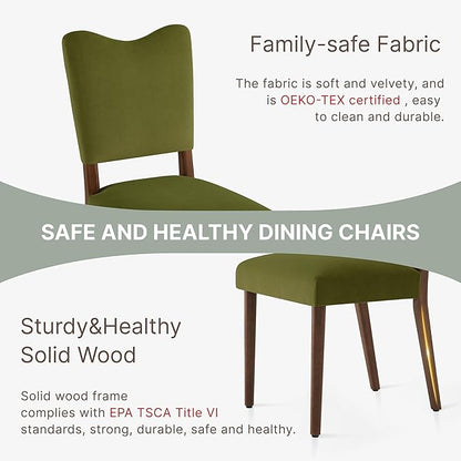 KISLOT Upholstered Dining Chairs Set of 6, Modern Velvet Kitchen Chairs with Solid Wood Legs, High Back Wooden Dining Room Chairs with Dark Walnut Color Legs for Farmhouse Kitchen Dining Room, Green