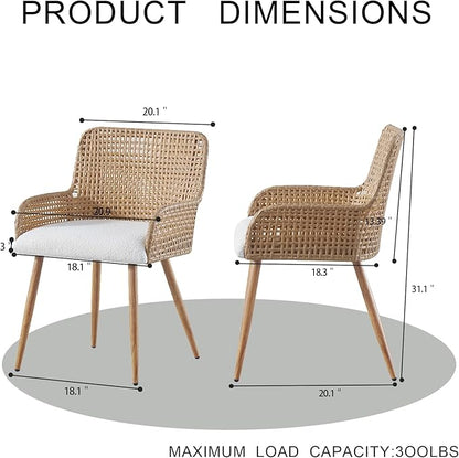 Rattan Dining Chairs Set of 4,Upholstered Modern Dining Room Chairs with Boucle Cushion,PE Cane Back Kitchen Chair with Armrest for Farmhouse, Kitchen,Restaurant