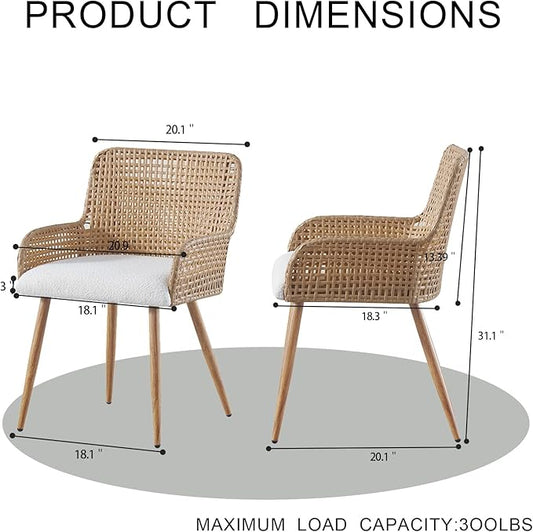 Rattan Dining Chairs Set of 4,Upholstered Modern Dining Room Chairs with Boucle Cushion,PE Cane Back Kitchen Chair with Armrest for Farmhouse, Kitchen,Restaurant