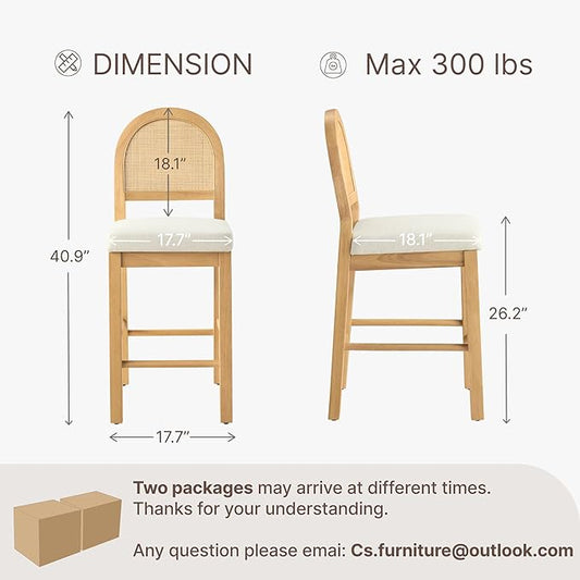 Rattan Counter Height Bar Stools Set of 6, Upholstered Farmhouse Barstools with Natural Rattan Back, Wooden Legs for Kitchen Island, Natural/Linen,2 Box