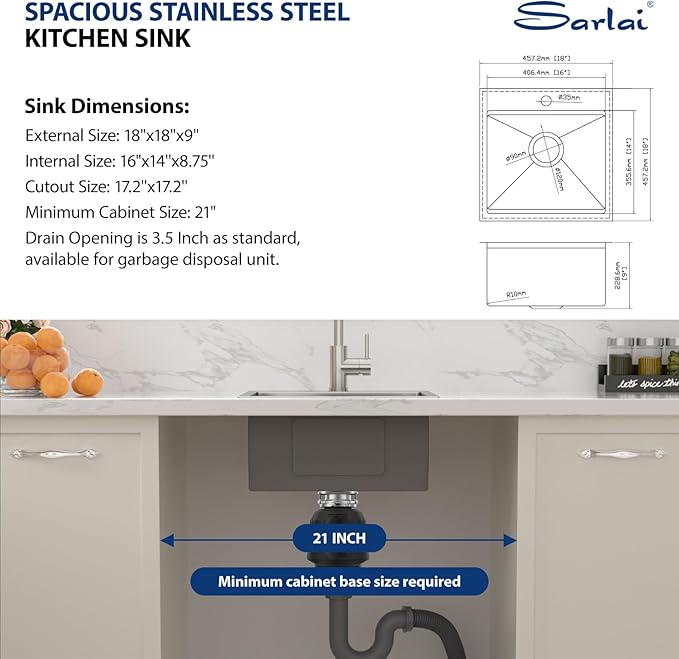 Sarlai Drop In Kitchen Sink 18 Inch Bar Sink Small Drop In Workstation 18x18 Inch Topmount Stainless Steel 16 Gauge Single Bowl Bar Prep RV Outdoor Sinks Basin with Assessories