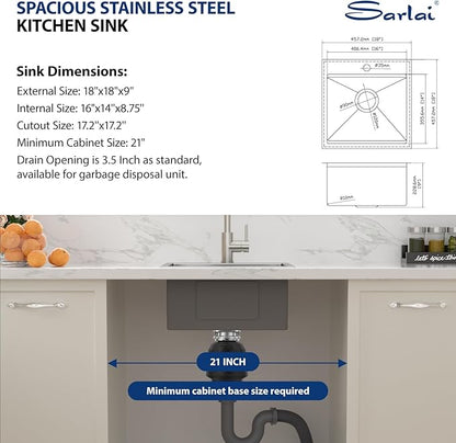 Sarlai Drop In Kitchen Sink 18 Inch Bar Sink Small Drop In Workstation 18x18 Inch Topmount Stainless Steel 16 Gauge Single Bowl Bar Prep RV Outdoor Sinks Basin with Assessories