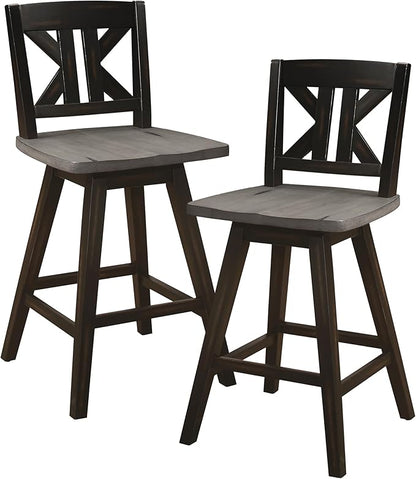 Lexicon Counter Height Stools Set of 2-Solid Wood Frame 360° Swivel Wooden Stools, Foot Rest, KK Back, Wide Seat, Distressed Farmhouse Easy to Clean Finish, 24" SH, Antique Black/Grey