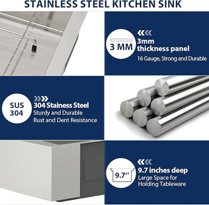 Lordear 30 Inch Farmhouse Kitchen Sink 16 Gauge 30"x21"x10" Stainless Steel Single Bowl Apron Front Undermount Farm Farmer Style Sink