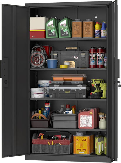 GREATMEET Metal Garage Storage Cabinets, 71" Tall Locking Cabinets with Doors and Shelves, Utility Cabinet with Lock for Garage, Home, Black