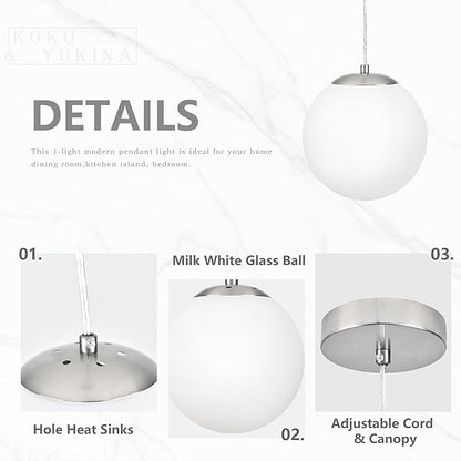 KoKo&Yukina 8 Inch Globe Pendant Light Nickel Globe Pendant Lights Kitchen Island Mid Century Light Fixture with Milky White Glass Shade Adjustable Lights for Dining Room