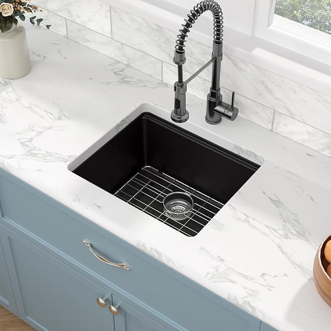 Sarlai 21 Black Kitchen Sink Granite Composite - 21 x 18 inch Bar Prep Workstation Sink Black Granite Composite Quartz Undermount Single Bowl Rectangular RV Camper Sinks Basin