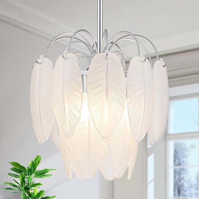 LumFurn D12 inch Glass Chandeliers, 3-Light Modern Pendant Light Fixture for Dining Room, Living Room, D12x18~47 in(Adjustable Height), White Frosted Glass Feather Shade & Silver Finish Frame