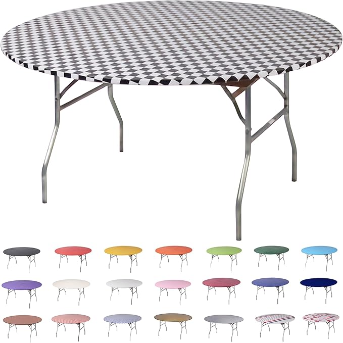 Kwik-Covers 10 Pack of Round Plastic Table Covers - 60" or 72" Round - Indoor or Outdoor Fitted Covers (Tables NOT Included) (Black & White Check, 60" Round)