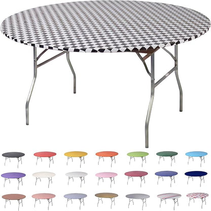 Kwik-Covers 10 Pack of Round Plastic Table Covers - 60" or 72" Round - Indoor or Outdoor Fitted Covers (Tables NOT Included) (Black & White Check, 60" Round)