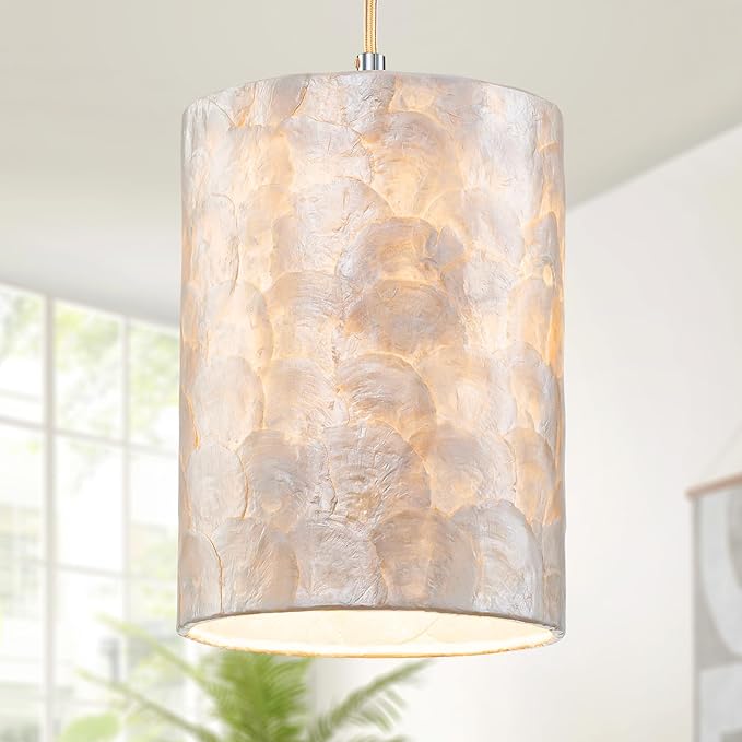 LumFurn 1-Light Capiz Shell Chandelier, Coastal Design Modern Pendant Light Fixture for Dining Room, Living Room, Kitchen Island, D7 x H18~66"(Adjustable Height), Shell Lampshade & Chrome Finish Frame