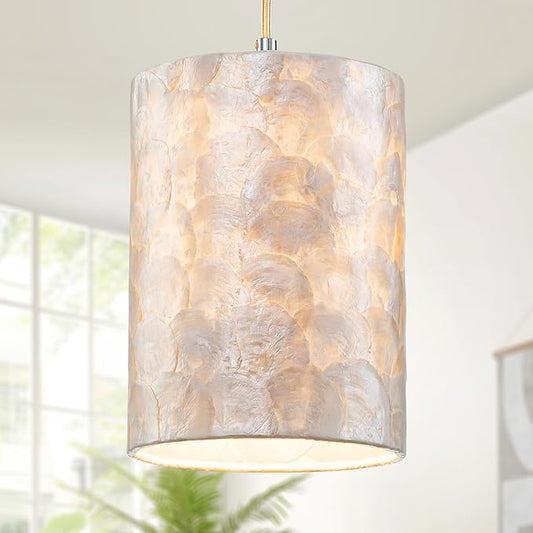 LumFurn 1-Light Capiz Shell Chandelier, Coastal Design Modern Pendant Light Fixture for Dining Room, Living Room, Kitchen Island, D7 x H18~66"(Adjustable Height), Shell Lampshade & Chrome Finish Frame