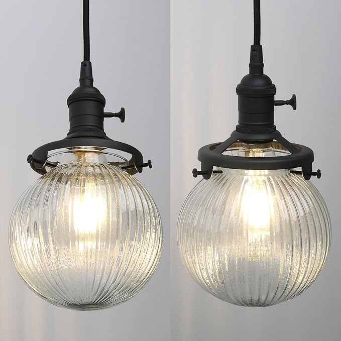 Phansthy Kitchen Island Lighting, 3 Lights Linear Chandeliers, Hanging Light with 5.9" Globe Striped Glass Shade, 3-Light Pendant Light Fixtures for Dining Room Farmhouse (Black, Long Base)
