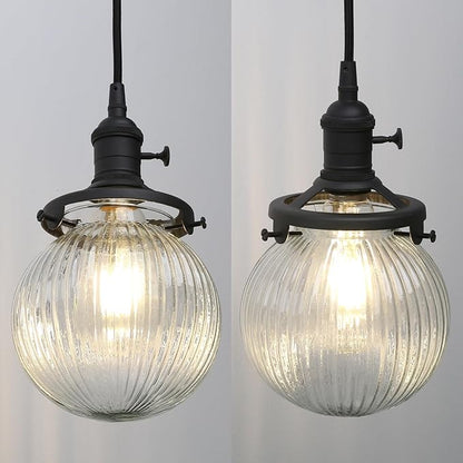 Phansthy Kitchen Island Lighting, 3 Lights Linear Chandeliers, Hanging Light with 5.9" Globe Striped Glass Shade, 3-Light Pendant Light Fixtures for Dining Room Farmhouse (Black, Long Base)