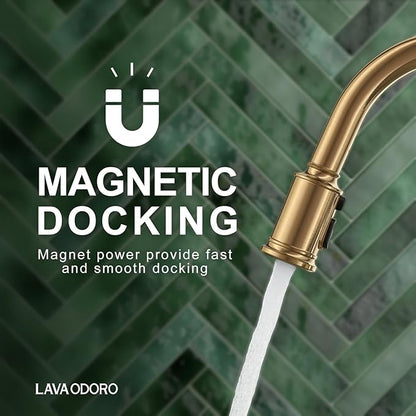 Lava Odoro Curtura Brushed Bronze Kitchen Faucet with Pull Down Sprayer, Gold Kitchen Sink Faucet with Magnetic Docking Spray 3-Function, Faucet for Kitchen Sink 1 Hole and 3 Hole, KF421-BB-M