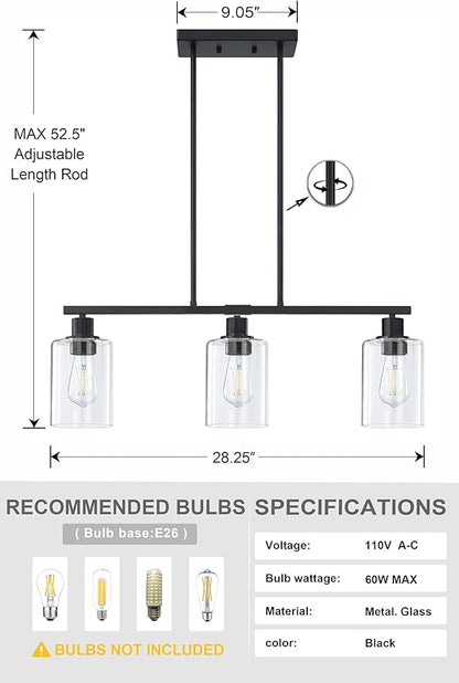 Doraimi Lighting Modern 3 Light Indoor Hanging Kitchen Island Light Black Finish 5.3" Clear Glass Chandelier Shade for Bar Dining Room Kitchen Island Over Sink