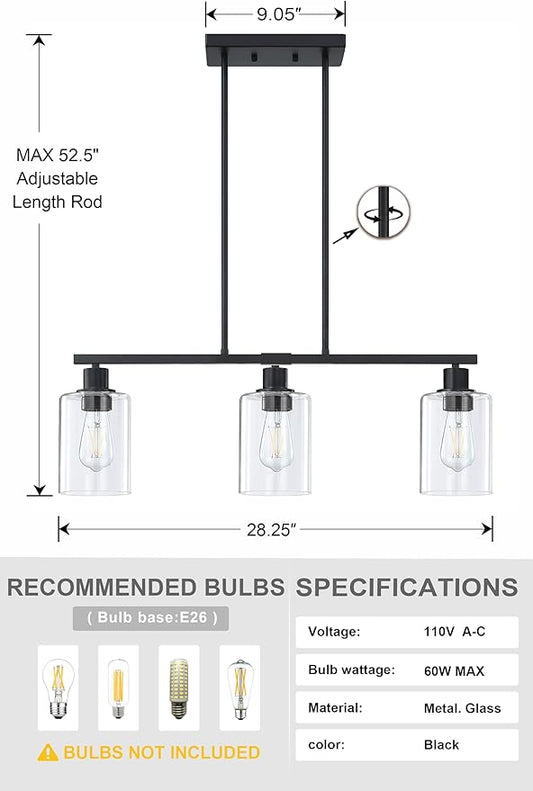 Doraimi Lighting Modern 3 Light Indoor Hanging Kitchen Island Light Black Finish 5.3" Clear Glass Chandelier Shade for Bar Dining Room Kitchen Island Over Sink
