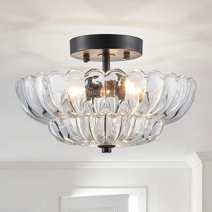 XINGQI Semi Flush Mount Ceiling Light Fixture Modern Black 3-Light Scalloped Glass Close to Ceiling Lighting for Living Room Entryway Bedroom Closet Hallway (Bulb Not Included)