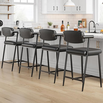 GarveeHome Bar Stools Set of 6 with Arms, 26" Modern 6-Piece Counter Height Metal Barstools Set with Back & Footrest, Upholstered Wider Seat, Sturdy Frame, for Counter Bar, Kitchen Island, Retro Black
