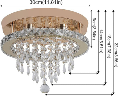 Deckrico Modern Gold Crystal Chandelier 11.8" LED Ceiling Light, Flush Mount Lighting Fixture for Bedroom, Hallway, Kitchen, Dining Room – Cool White