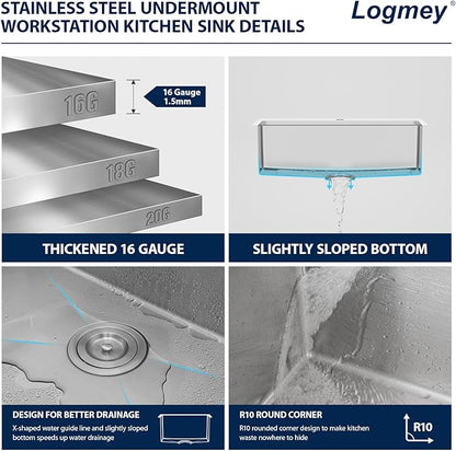 Logmey 30 Inch Drop In Kitchen Sink 30x22x9 All in One Workstation Topmount Sinks Stainless Steel 16 Gauge Single Bowl Overmount Kitchen Sink