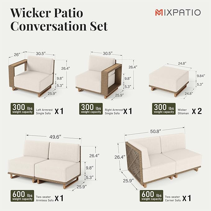 MIXPATIO 8 Pieces Outdoor Patio Furniture Set, Yellow Wicker Rattan Modular Sofa Couch, Sectional Patio Conversation Set with 10" Extra Thick Cushions, Low Profile Deck Backyard Lawn Furniture