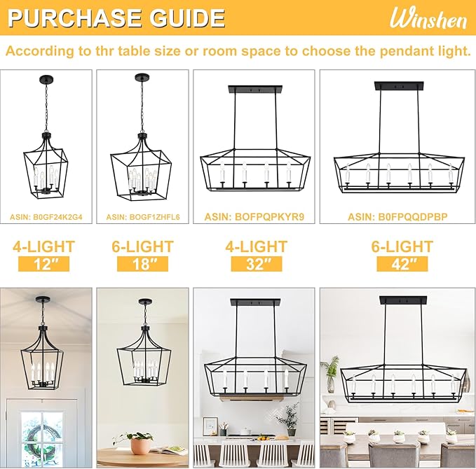 4-Light Black Lanter Chandelier, Height Adjustable Hanging Lighting, Farmhouse Dining Room Pendant Light Fixture for Kitchen Island Entryway Staircase, E12 Bulb Base