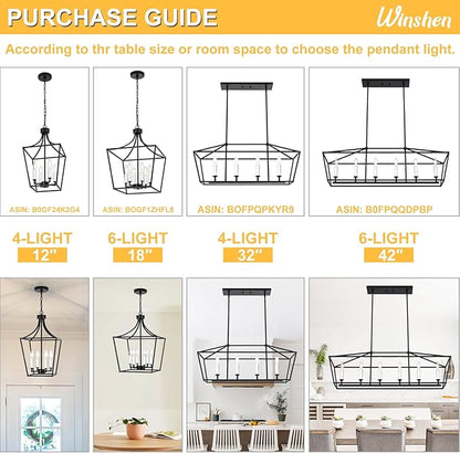 6-Light Large Classic Lantern Chandelier in Black, Height Adjustable Hanging Pendant Light Fixture for Kitchen Island Dining Room Foyer, E12 Bulb Base