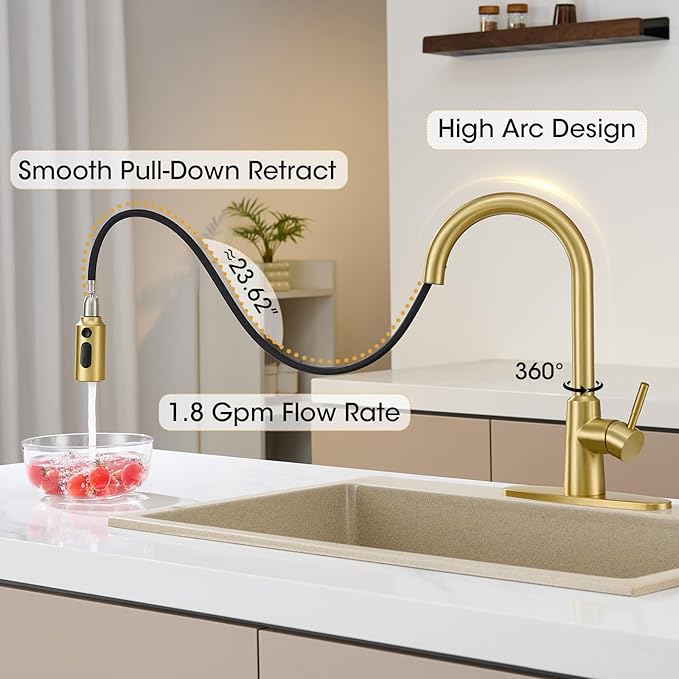 Brushed Gold Kitchen Faucet with Pull Down Sprayer, High Arc Single Handle Stainless Steel 1 or 3 Hole Faucet for Kitchen Sink, Farmhouse, RV, Laundry, Bar, Outdoor