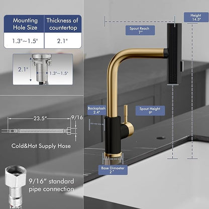 GIMILI Black and Gold Kitchen Faucet with Pull Down Sprayer, Waterfall 15“ High Single Handle Kitchen Sink Faucets