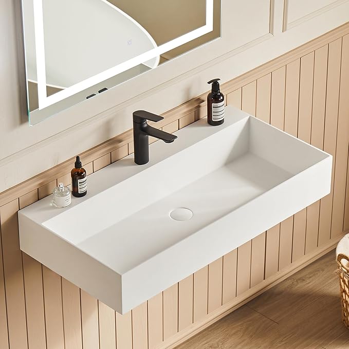 Cpingao 36" Wall Mount Stone Resin Bathroom Sink, Matte White Floating Vanity Basin with Integrated Countertop Space, Solid Surface Rectangular Lavatory with Pre-drilled Hole