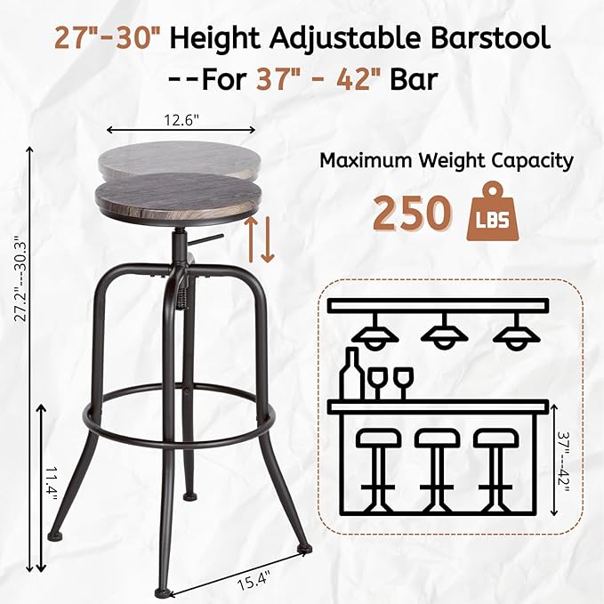 Homy Casa Living Room Chairs Set of 2, 27 to 30 Inch Adjustable Height Swivel Chairs with Round Wood, Suitable for Kitchen Island, Living Room, Dining Room, Walnut