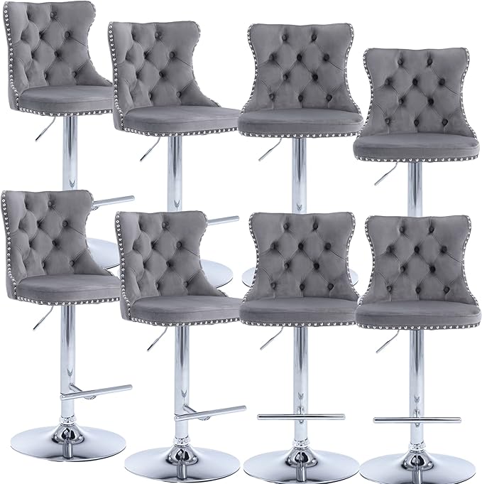 Rhomtree Velvet Swivel Bar Stools Upholstered Bar Stool with Button Tufted Back and Pull Ring Height Adjustable Barstools 25-33 Inch for Home Pub and Kitchen Island (Gray with Silver Base, Set of 8)