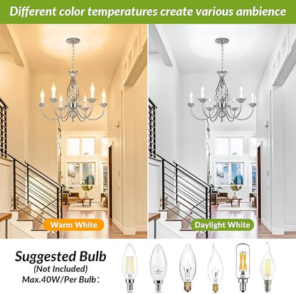 6-Light Farmhouse Candle Chandelier for Living Room, Rustic Industrial Pendant Ceiling Light fixture, Brushed Nickle Modern Ceiling Hanging Lamp for Bedroom Hallway Kitchen Dining Room Foyer, E12 Base